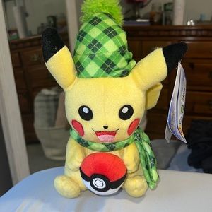Tomy Pikachu Pokemon 10 in Plush Stuffed Toy Green Scarf Hat Pokeball Christmas